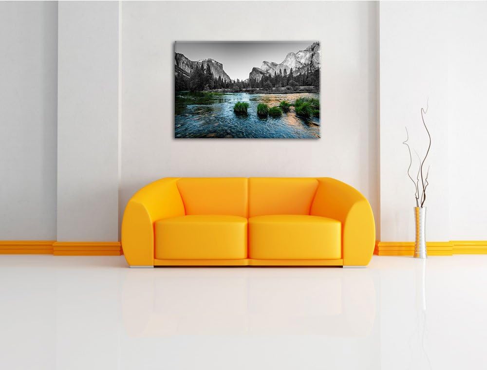 seichter Fluss vor Berglandschaft schwarz/weiss Format: 100x70 auf Leinwand, XXL riesige Bilder fert
