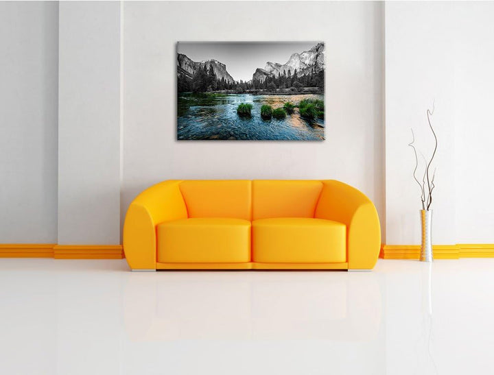 seichter Fluss vor Berglandschaft schwarz/weiss Format: 100x70 auf Leinwand, XXL riesige Bilder fert
