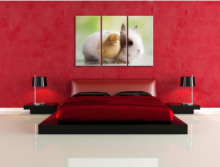 Pixxprint kleines Küken mit süssem Häschen 3-Teiler Leinwandbild 120x80 Bild auf Leinwand