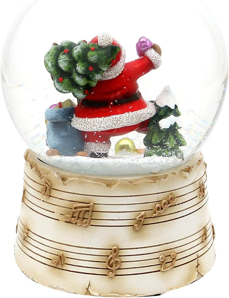 Dekohelden24 -fröhlicher Weihnachtsmann mit Geschenken und Tanne - auf Sockel mit Musiknoten und Spi