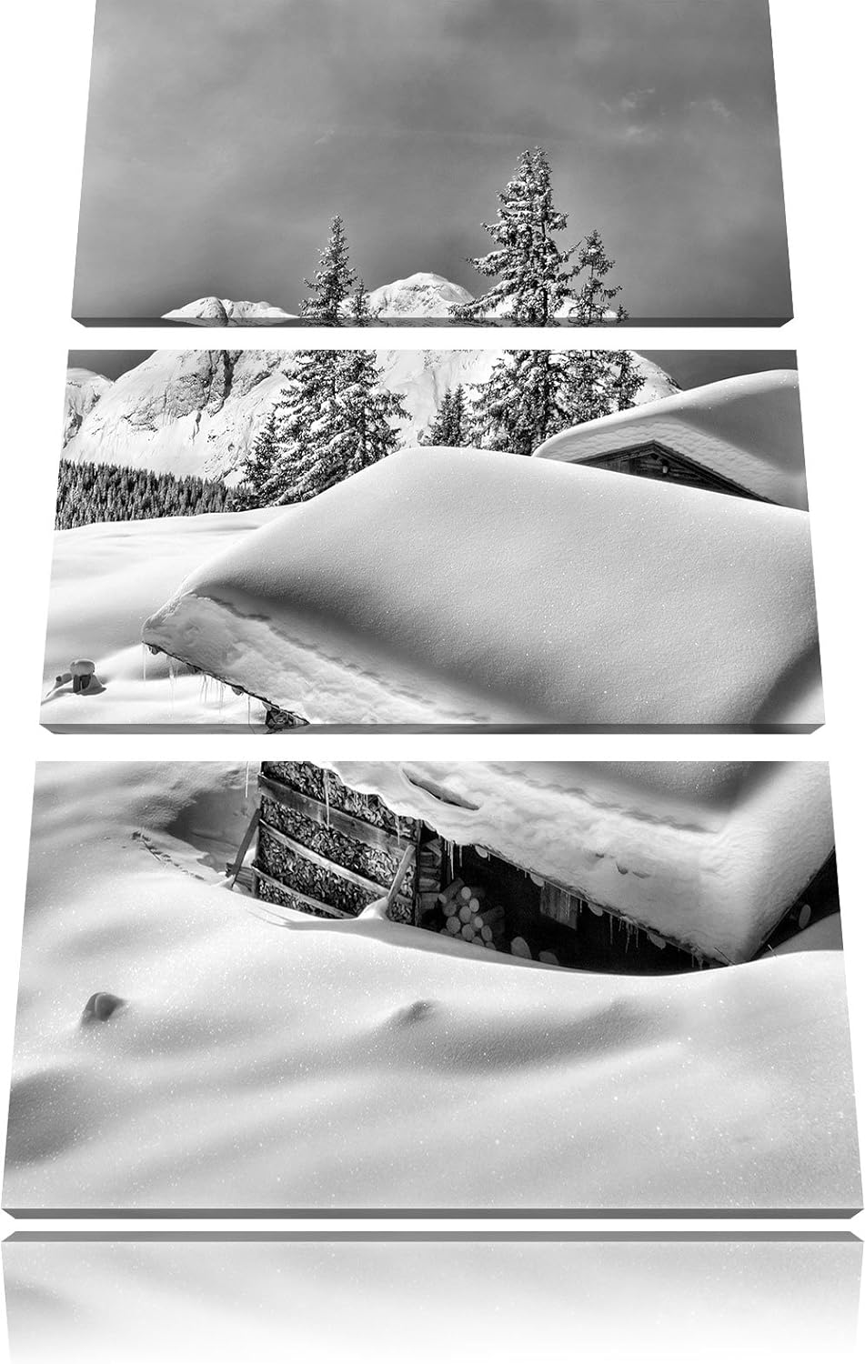 Pixxprint Monocrome, Verschneite Berghütten in den Alpen 3-Teiler Leinwandbild 120x80 Bild auf Leinw