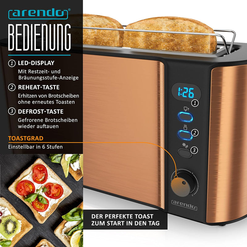 Arendo - SET Toaster FRUKOST und Eierkocher THREECOOK Edelstahl Kupfer – Toaster 2 Scheiben, LED-Dis