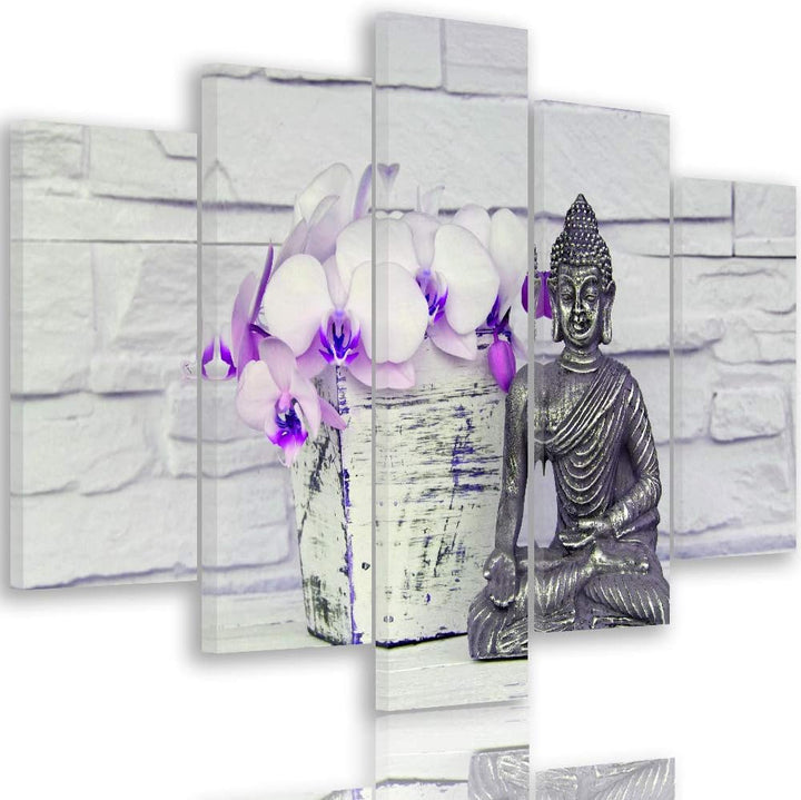 Feeby Wandbild XXL 5 Teilig Buddha Leinwandbild Blumen Statue Meditation violett 300x140 cm Leinwand