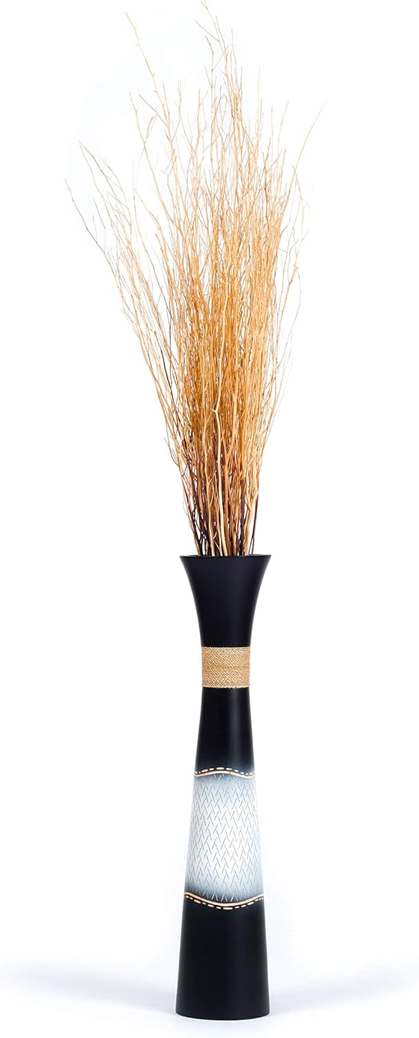 Leewadee Grosse Bodenvase für Dekozweige hohe Standvase Design Holzvase, Holz, 70 cm, Schwarz Weiss