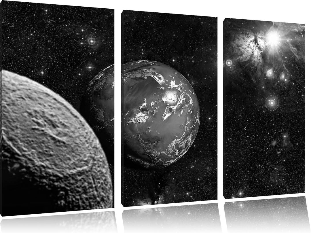 Pixxprint Planet Erde im Kosmos Kunst B&W / 3-Teilig/Gesamtmass 120cm Leinwandbild bespannt auf Holz