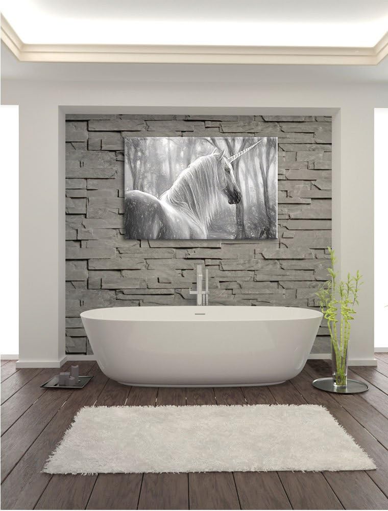 Pixxprint Einhorn im Wald / 100x70cm Leinwandbild bespannt auf Holzrahmen/Wandbild Kunstdruck Dekora