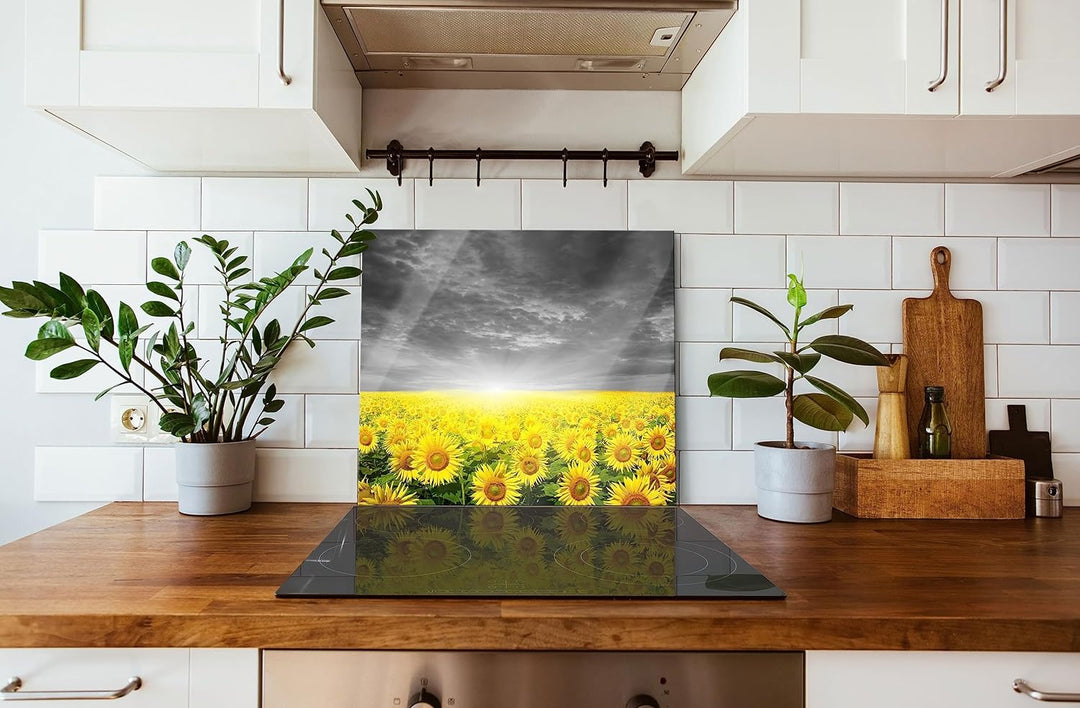Sonnenblumen Sonnenuntergang Herdabdeckplatte & Spritzschutz aus Echtglas | Für Herd-Kochfelder | 60