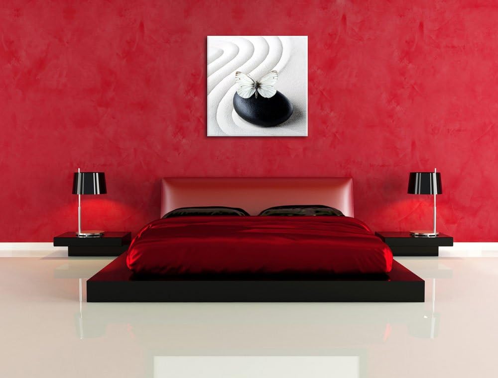 Pixxprint Schmetterling auf Zen Stein im Sand, Format: 70x70 auf Leinwand, 70x70