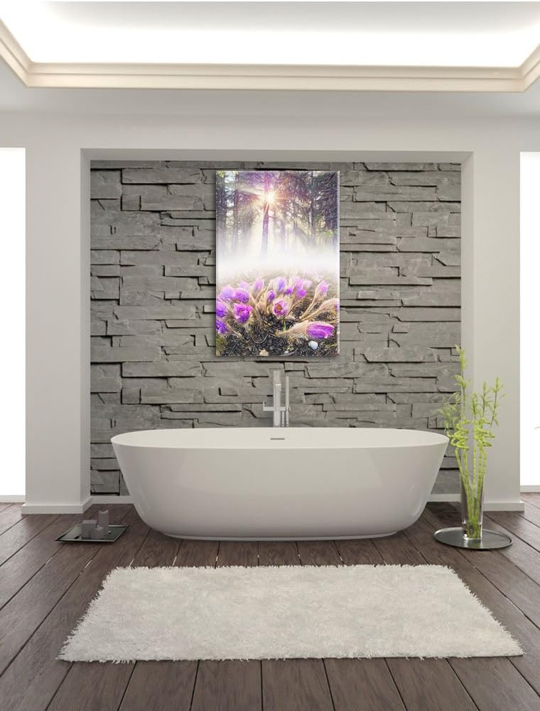 Pixxprint blühende lila Blumen im Wald Kunst Buntstift Effekt, Format: 100x70 auf Leinwand, 100x70