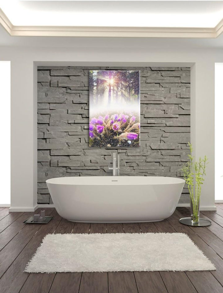 Pixxprint blühende lila Blumen im Wald Kunst Buntstift Effekt, Format: 100x70 auf Leinwand, 100x70