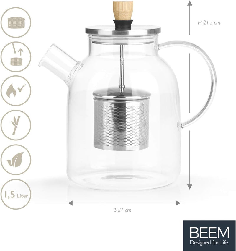 BEEM TEEKANNE Glaskanne mit Siebeinsatz - 1,5 l | Teekanne Glas | Sieb Edelstahl mit Hebefunktion |