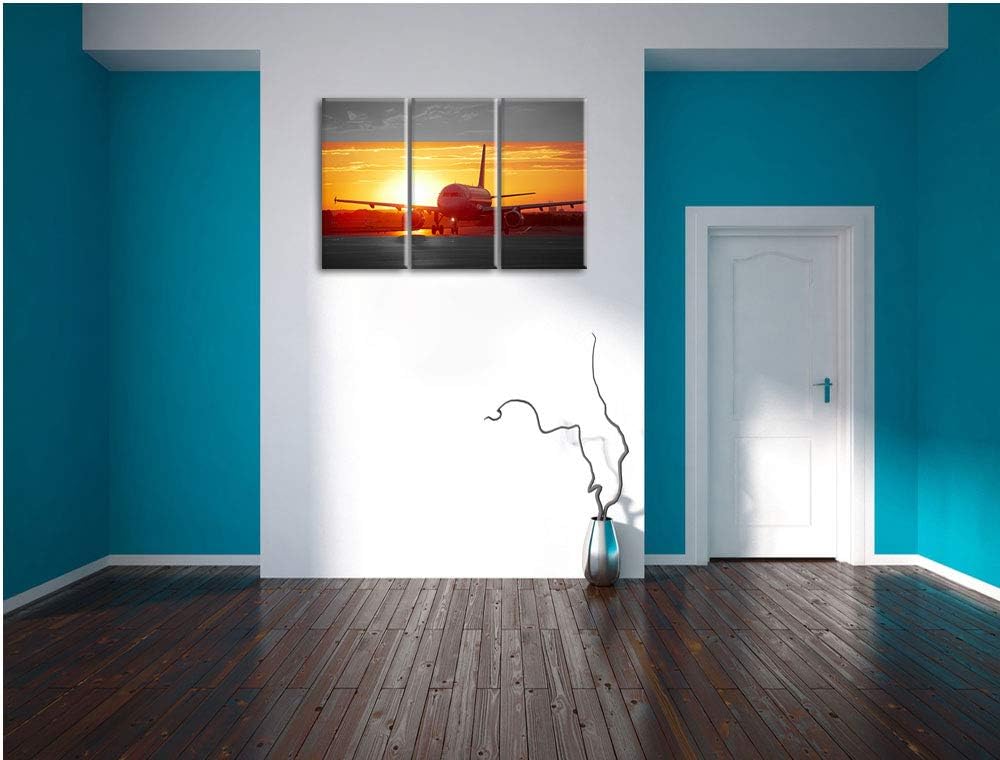 Pixxprint Flugzeug im Sonnenuntergang 3Teiler 120x80 cm Leinwandbild Wandbild Kunstdruck