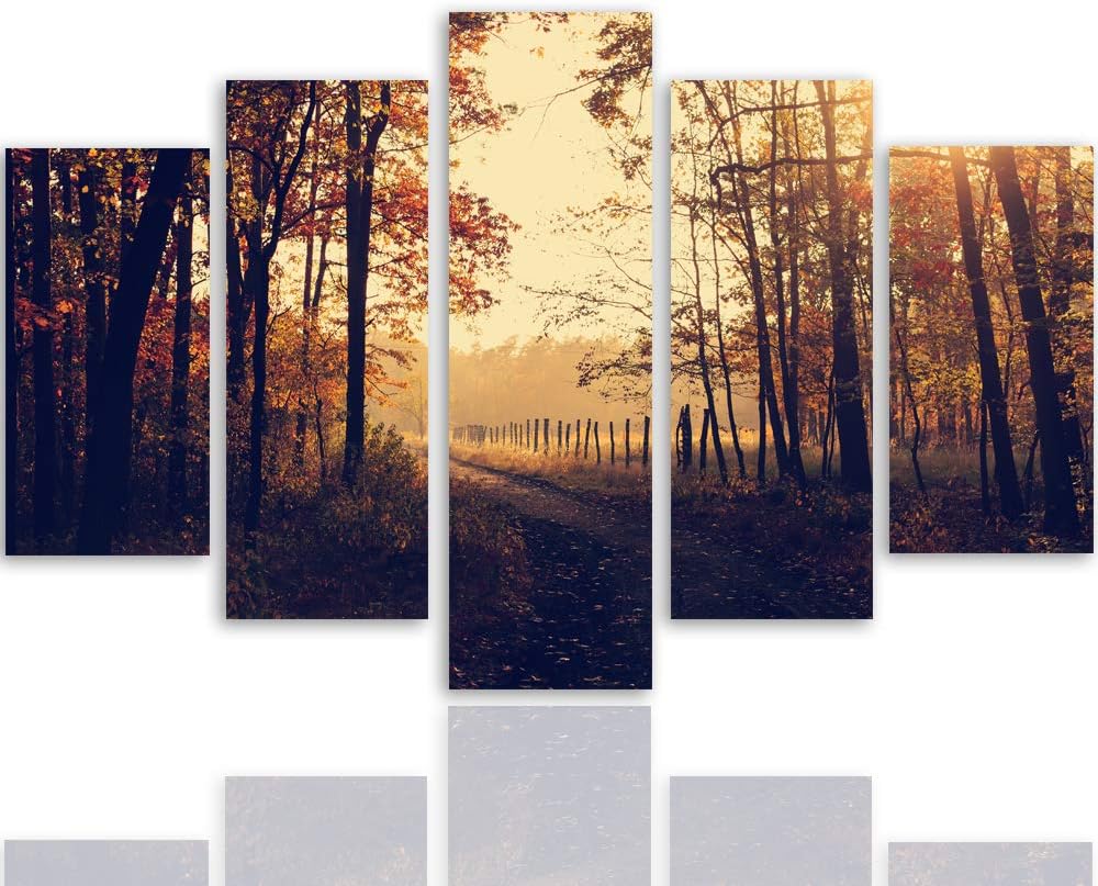 Bild auf Leinwand Landschaft 5 Teilig Modern Wald Weg Herbst orange 150x100 cm Leinwandbild 150x100