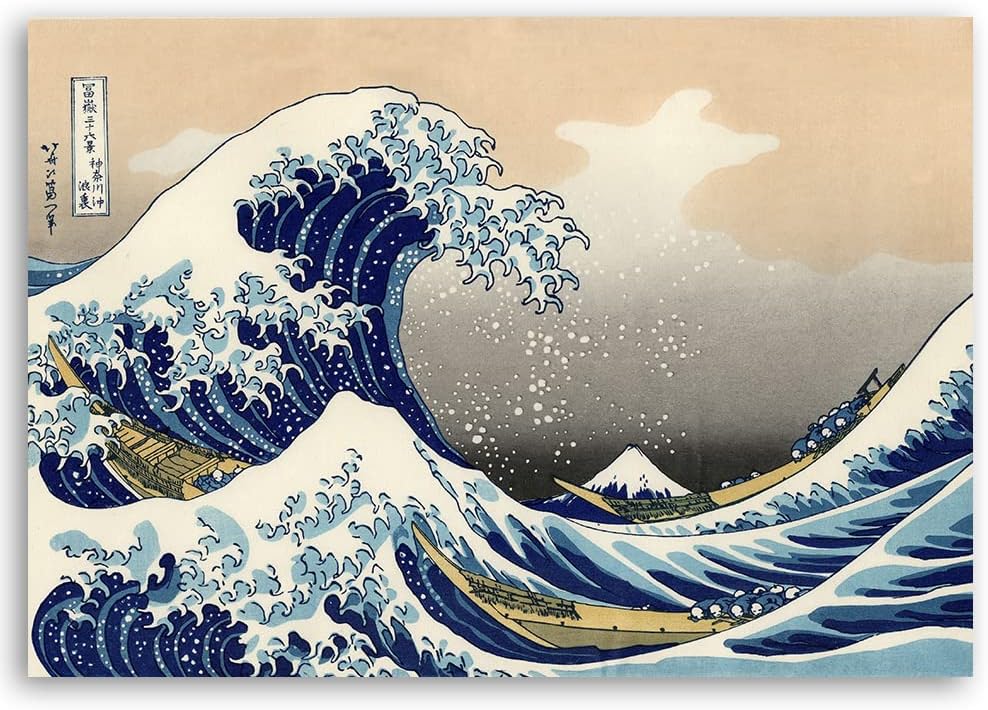 Feeby Vlies Leinwandbild Ukiyo-e Japan Tsunami-Welle 90x60 cm Druckbild Wandbild Wanddekoration Deko