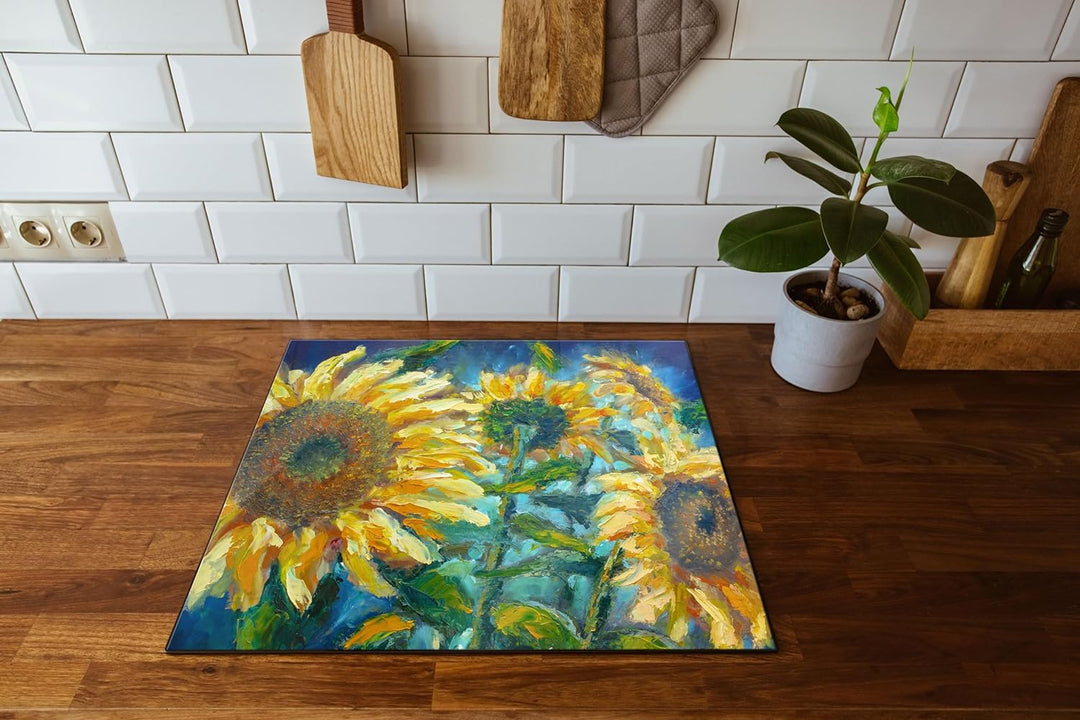 Sonnenblumen vor blauem Hintergrund Herdabdeckplatte & Spritzschutz aus Echtglas | Für Herd-Kochfeld