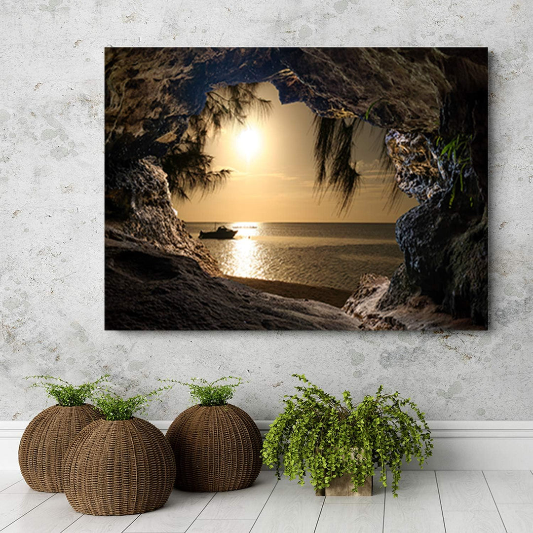 Feeby Wandbild Höhle ausblick Druckbild Leinwandbild Meer Orange 90x60 cm Leinwandbild 90x60 cm Oran