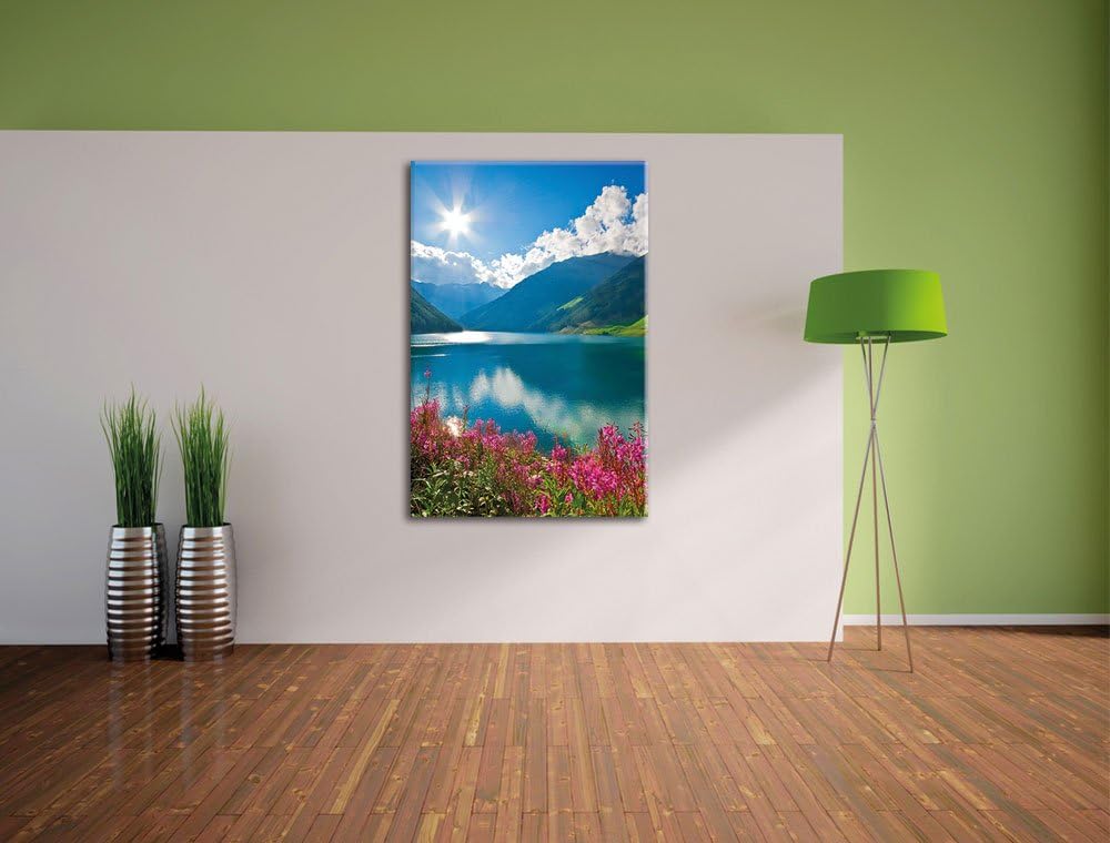 Blumenwiese am Bergsee, Format: 100x70 auf Leinwand, XXL riesige Bilder fertig gerahmt mit Keilrahme