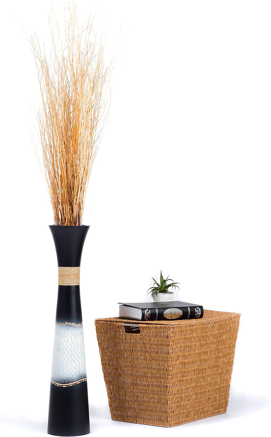 Leewadee Grosse Bodenvase für Dekozweige hohe Standvase Design Holzvase, Holz, 70 cm, Schwarz Weiss