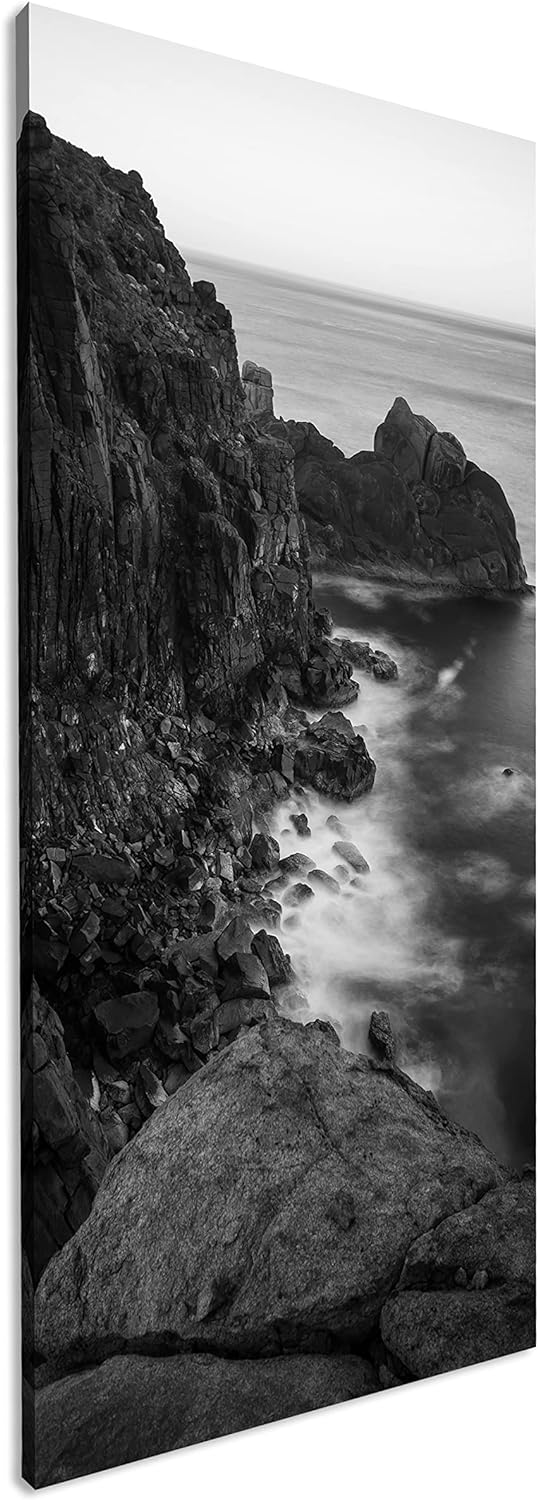 felsiger Abgrund ins Meer Panorama 100x50 cm Effekt: Schwarz/Weiss als Leinwandbild, Motiv fertig ge