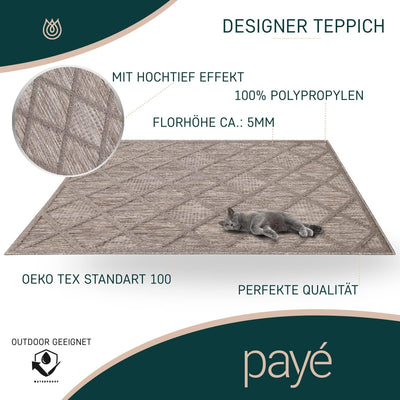 payé Teppich Wohnzimmer - Boho Braun - 140x200cm - Raute Optik - Teppiche für Balkon Terrasse Garten