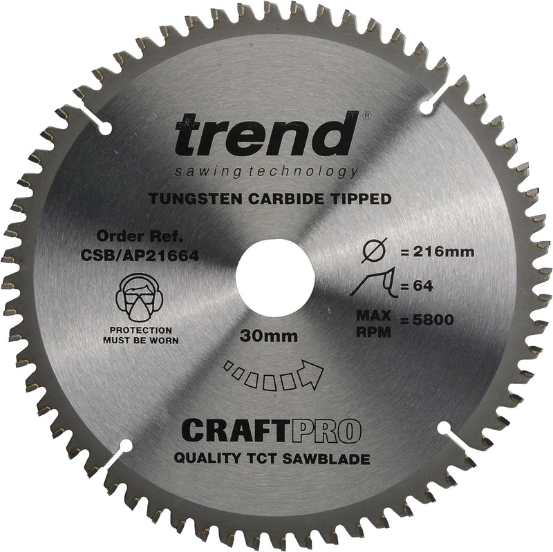 Trend CraftPro TCT Kreissägeblatt, 216 mm Durchmesser x 64 Zähne x 30 mm Bohrung, Wolframkarbidspitz