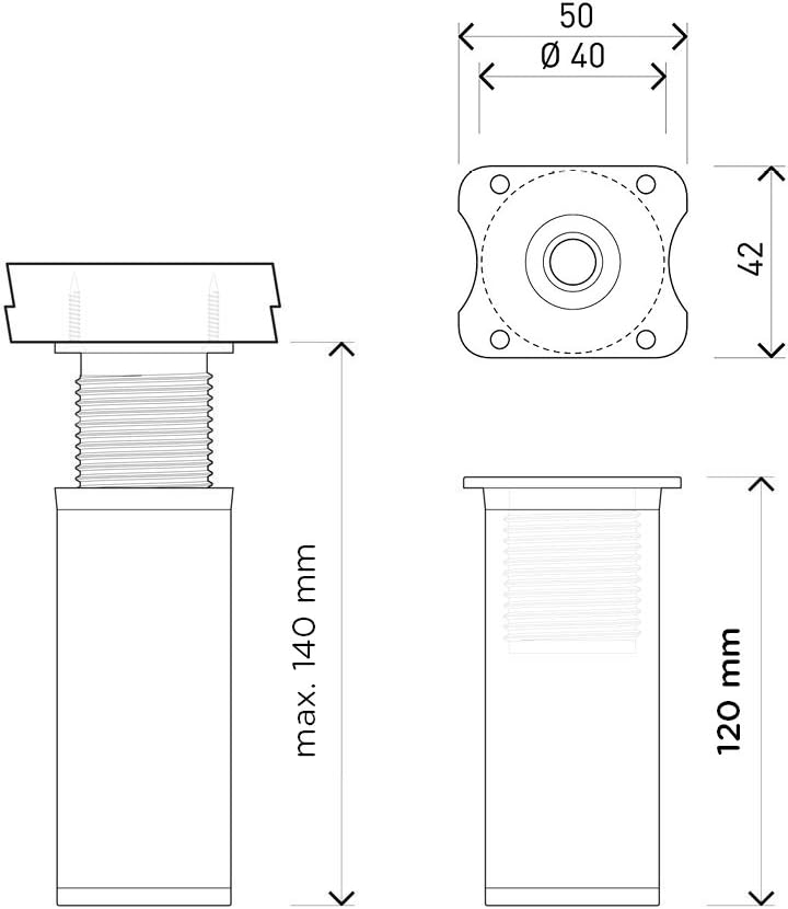 sossai® Design-Möbelfüsse MFR1 | höhenverstellbar | 8er Set | Rund-Profil - Ø 40 mm | Farbe: Alu | H