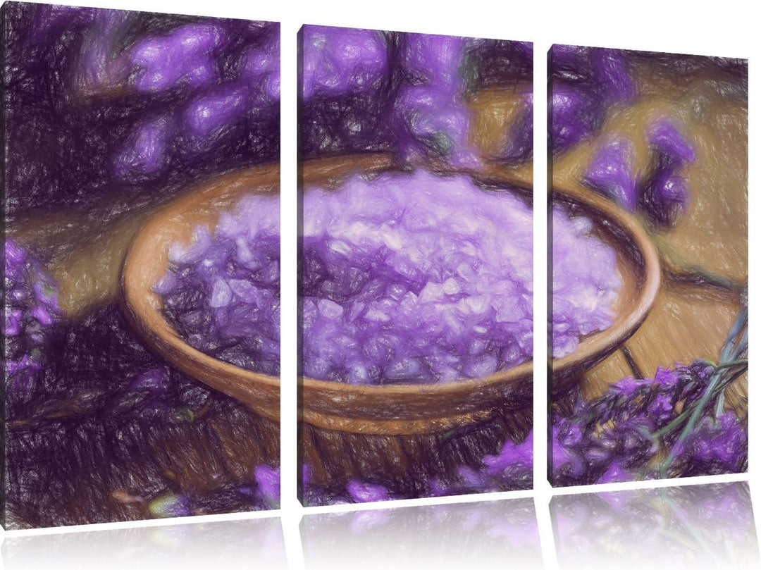 Pixxprint Violettes Badesalz auf Holzuntergrund Kunst Buntstift Effekt 3-Teiler Leinwandbild 120x80
