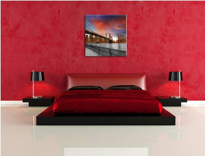 Pixxprint Brooklyn Bridge in New York schwarz/weiss, Format: 70x70 auf Leinwand, 70x70