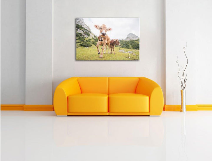 Pixxprint Almkuh auf der Weide als Leinwandbild/Grösse: 100x70 / Wandbild/Kunstdruck/fertig bespannt