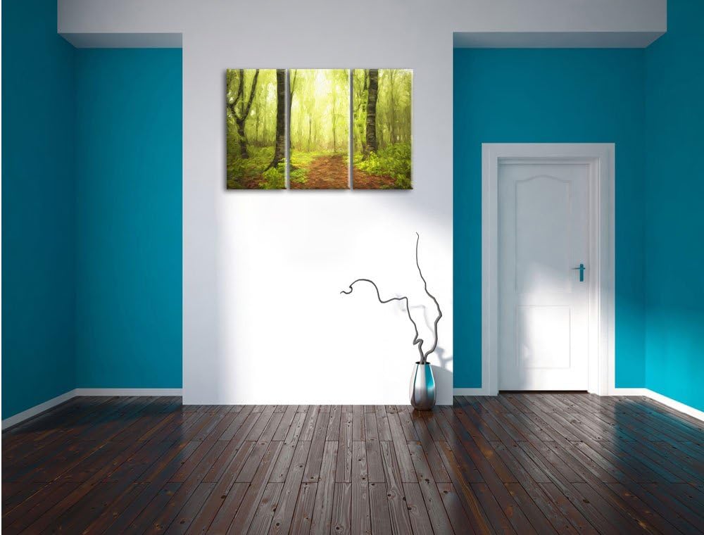 Pixxprint Sonniger Weg im atemberaubenden Wald Pinsel Effekt 3-Teiler Leinwandbild 120x80 Bild auf L