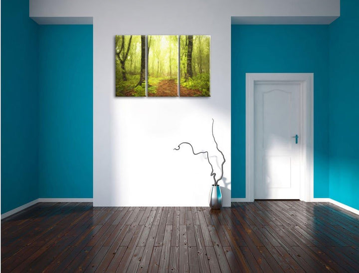Pixxprint Sonniger Weg im atemberaubenden Wald Pinsel Effekt 3-Teiler Leinwandbild 120x80 Bild auf L