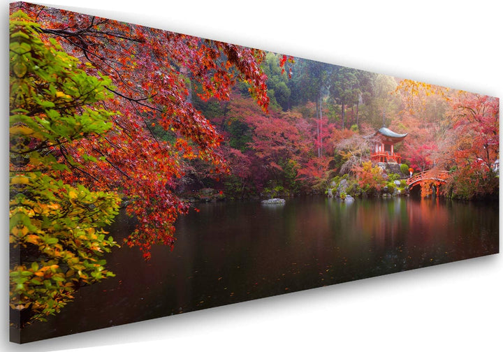 Feeby. Leinwandbild, Bilder, Wand Bild, Wandbilder, Kunstdruck 90x30 cm, JAPAN, PARK, SEE, ROT, 90x3
