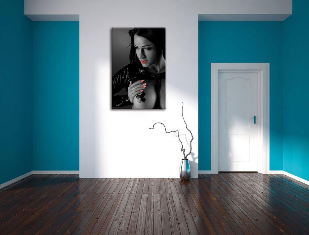 Pixxprint schwarzhaarige sexy Frau schwarz/weiss als Leinwandbild/Grösse: 100x70 cm/Wandbild/Kunstdr