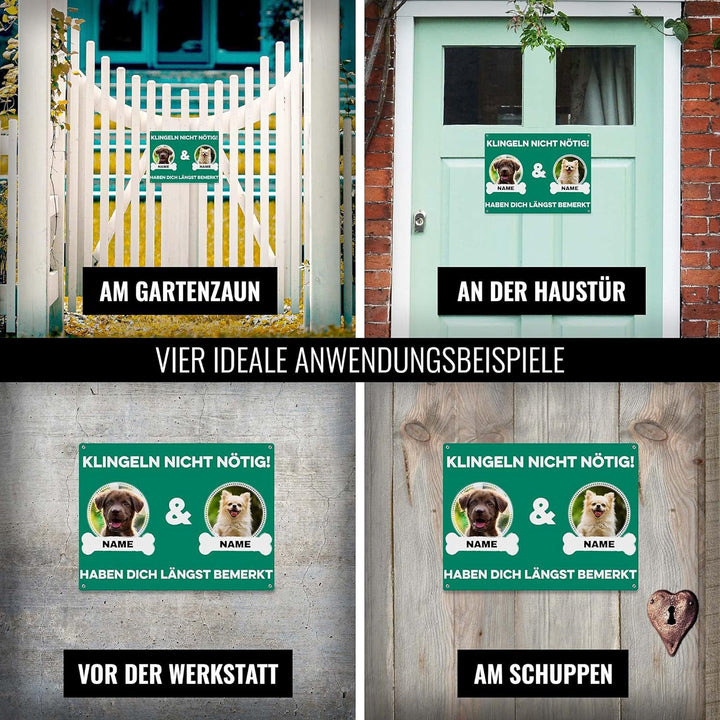 Hunde Schild personalisiert - Klingeln nicht nötig - Metallschild mit Foto und Name für aussen, wett