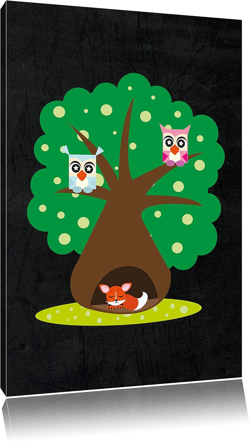 Pixxprint Baum mit niedlichen Eulen und süssem Fuchs schwarz, Format: 70x100 auf hochkantiges Leinwa