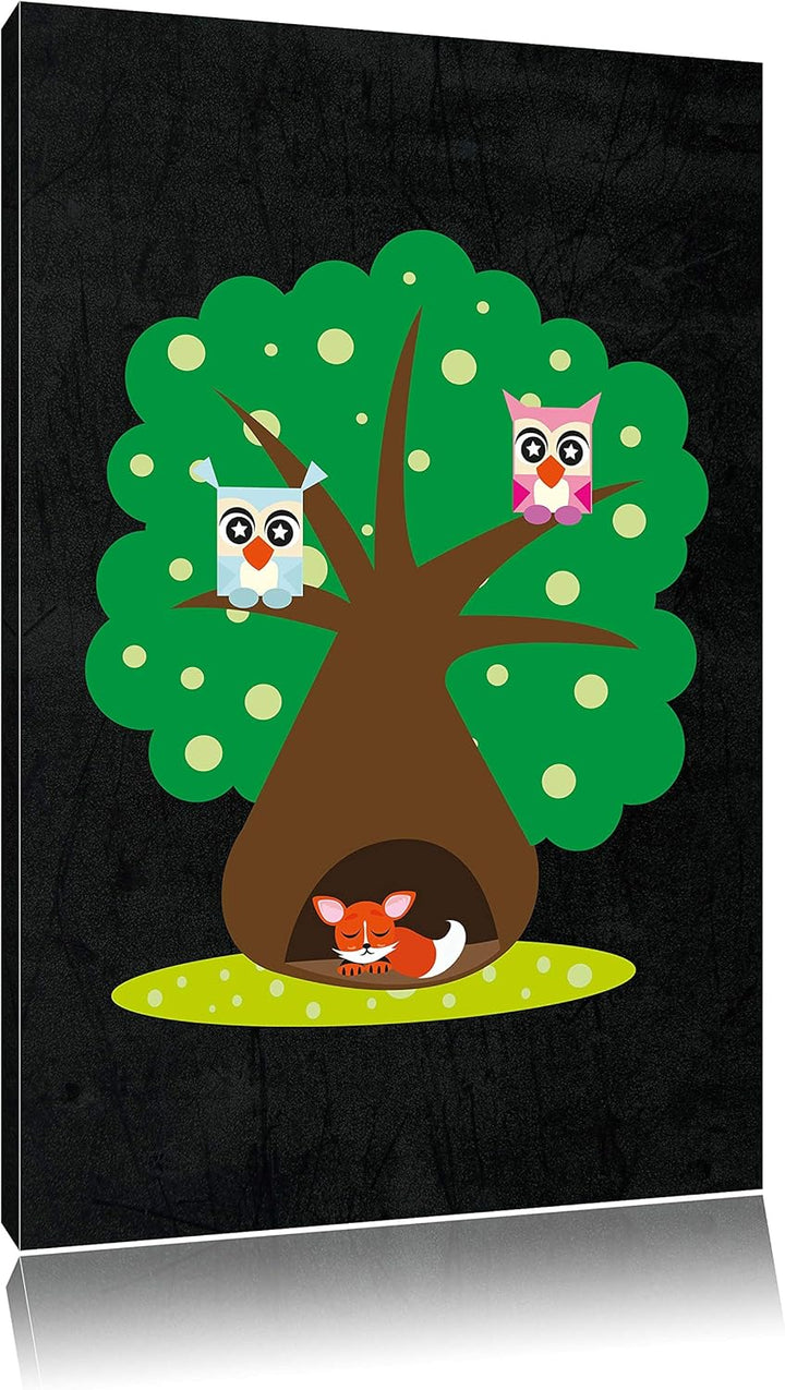 Pixxprint Baum mit niedlichen Eulen und süssem Fuchs schwarz, Format: 70x100 auf hochkantiges Leinwa