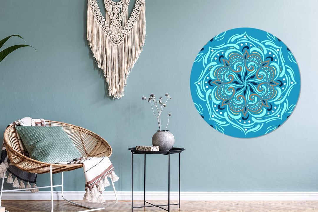 Wandbild Rund Wanddeko Deko Wohnzimmer Bilder 90x90 cm Mandala - Blau - Orange - Muster, 90x90 cm