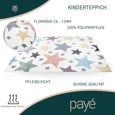 payé Teppich Kinderzimmer Läufer - Cream Bunt - 80x150cm - Sterne in Pastellfarben Sternenteppich Sp