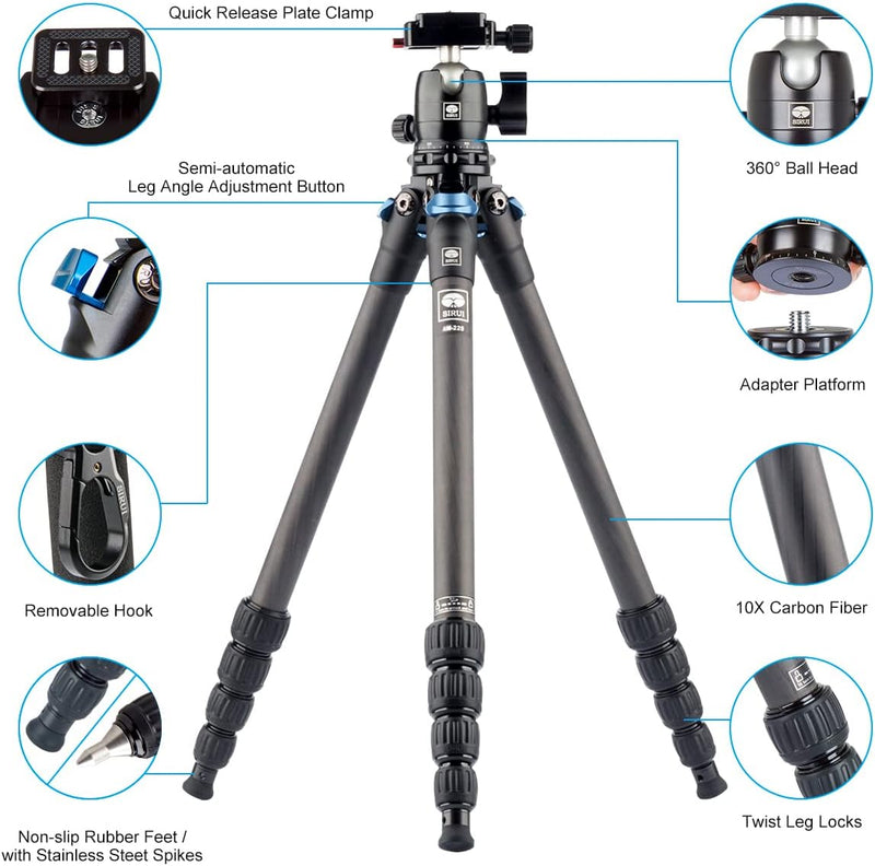 SIRUI AM-225+B-00K Carbon Kamera Reise Stativ, 127,3cm leichtes Kamerastativ/Reisestativ/Dreibein-St