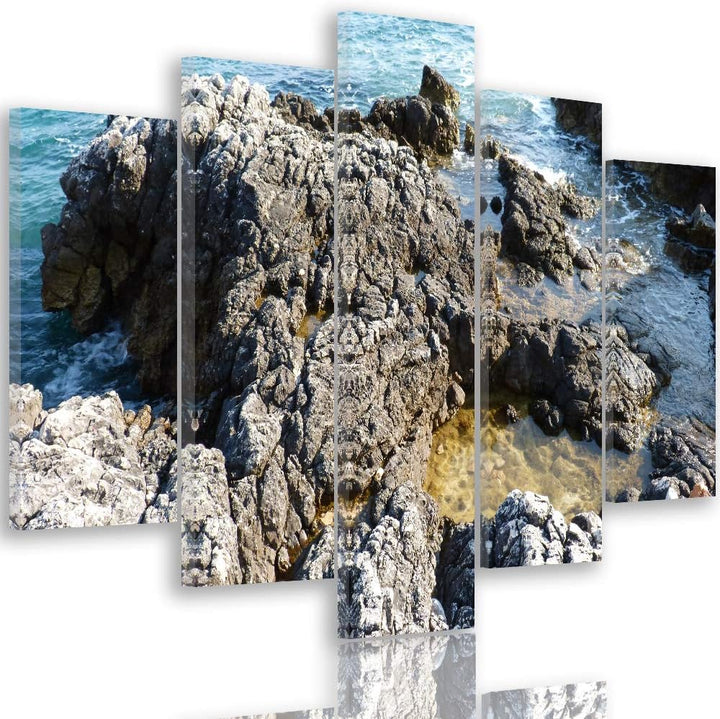 Leinwandbild 5 Teilig Landschaft Bild Wanddeko Fels Steine Natur See bunt 150x100 cm Leinwandbild 15