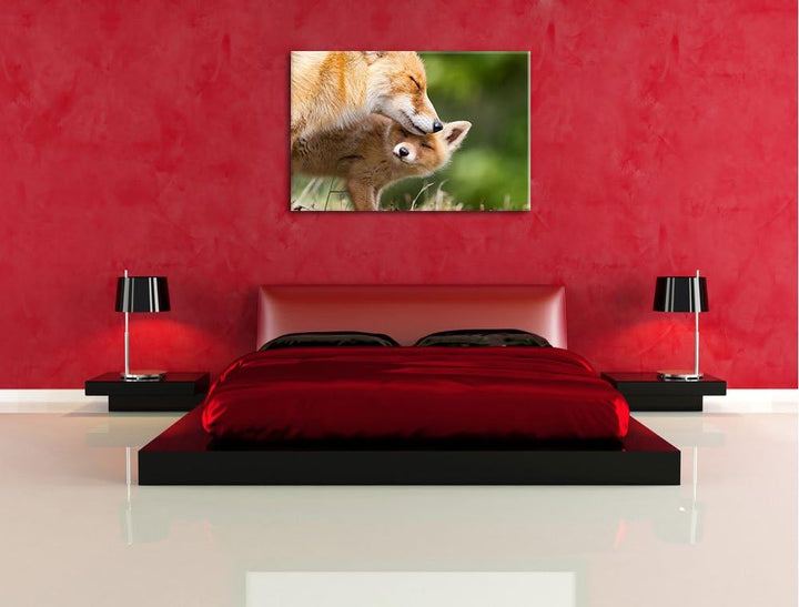 Kuschelnde Füchse Format: 100x70 auf Leinwand, XXL riesige Bilder fertig gerahmt mit Keilrahmen, Kun