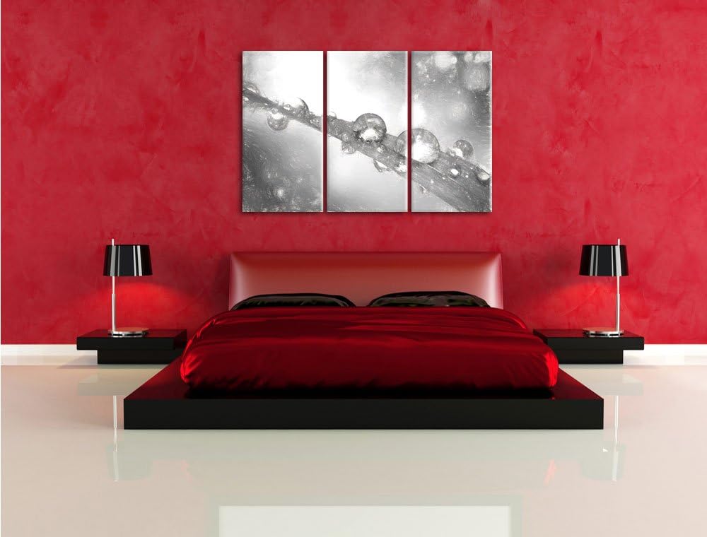 Pixxprint Wassertropfen auf Grashalm Kunst Kohle Effekt 3-Teiler Leinwandbild 120x80 Bild auf Leinwa