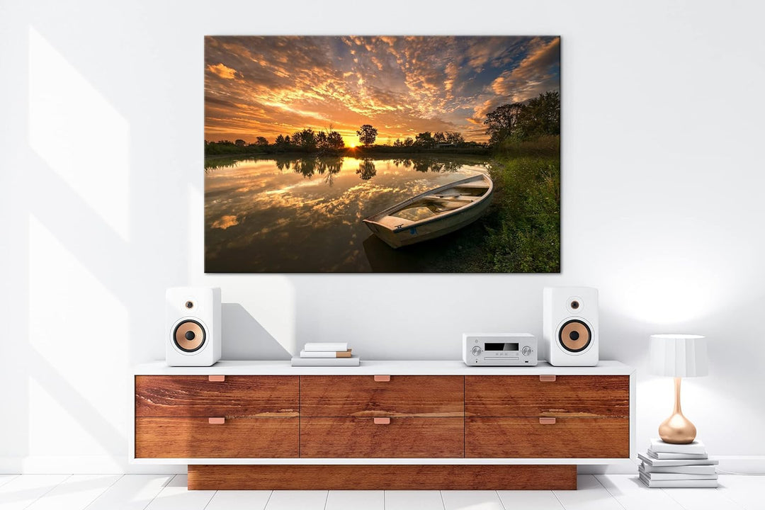 deyoli einsames Boot am See Format: 120x80 als Leinwandbild, Motiv fertig gerahmt auf Echtholzrahmen