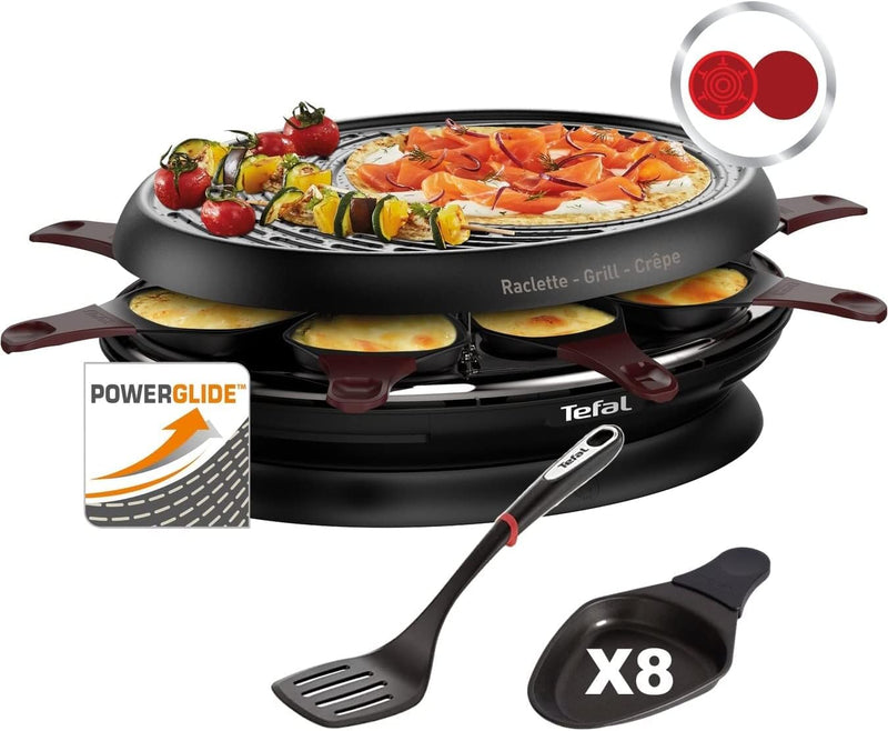 Tefal Elektrischer Raclette, Grill und Crepes maker 3in1 1050W + Ingenio Pfannenwender|8 Pfännchen,