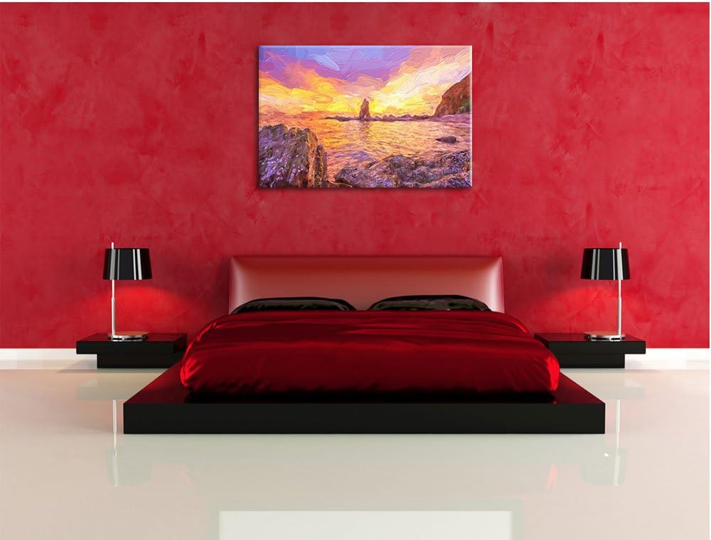 Pixxprint Küstenlinie mit schönen Sonnenuntergang Kunst Pinsel Effekt, Format: 100x70 auf Leinwand,