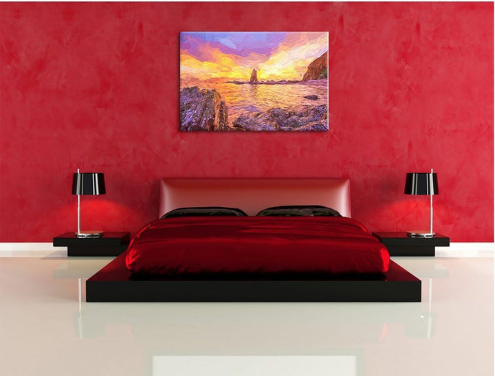Pixxprint Küstenlinie mit schönen Sonnenuntergang Kunst Pinsel Effekt, Format: 100x70 auf Leinwand,