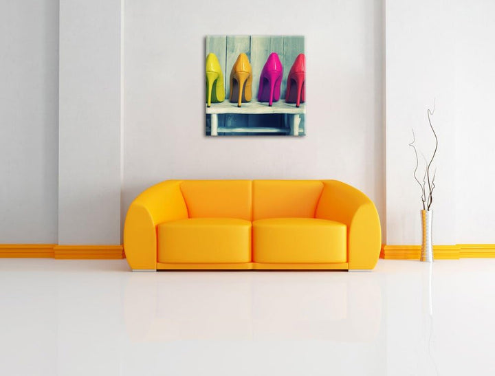 Bunte High Heels, Format: 70x70 auf Leinwand, XXL riesige Bilder fertig gerahmt mit Keilrahmen, Kuns
