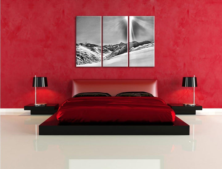 Pixxprint Monocrome, Schnee Berge 3-Teiler Leinwandbild 120x80 Bild auf Leinwand