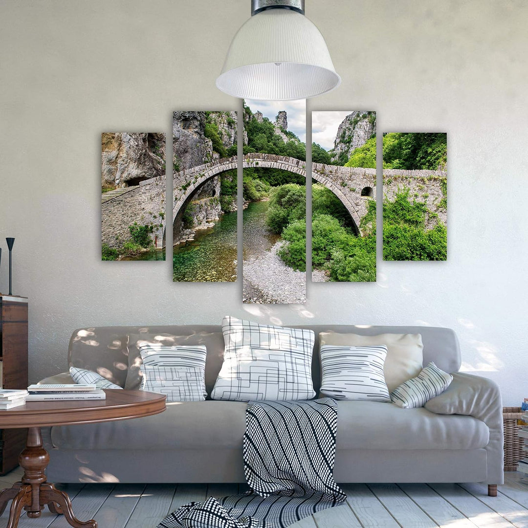 Leinwandbild 5 Teilig Landschaft Bild Wanddeko Brücke Fluss Berge grün 150x100 cm Leinwandbild 150x1