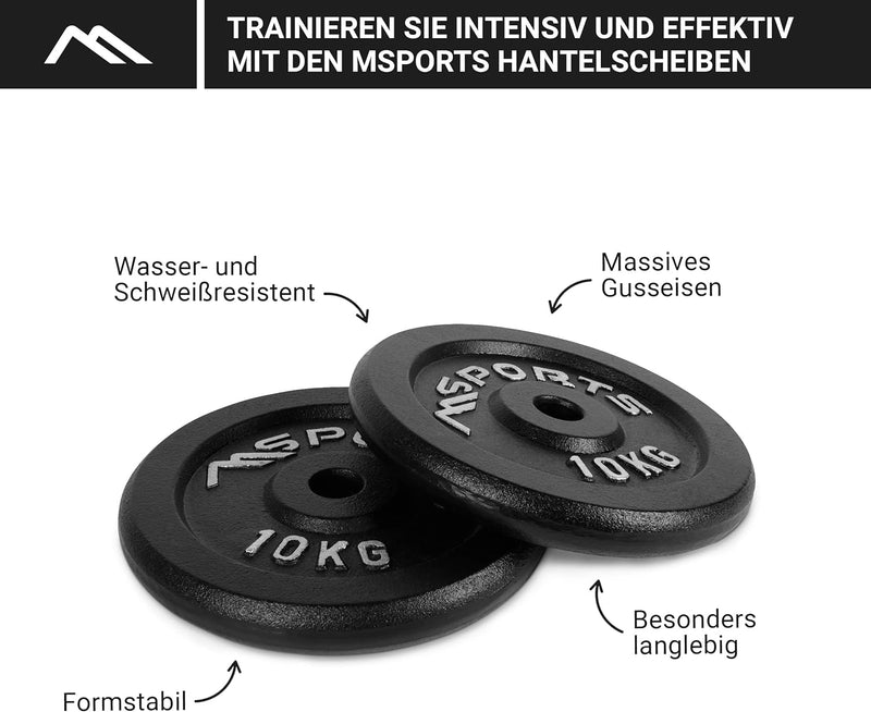 MSPORTS Hantelscheiben Paar Professional aus 100% Gusseisen 5-30 kg Hantel 2 x 10 kg - Schwarz, 2 x